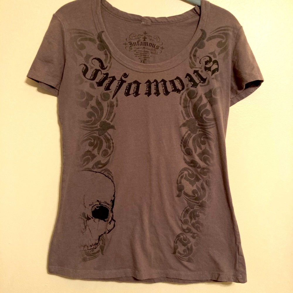 Infamous Skull 100% Cotton Tee T-shirt Gray Olive Rock Goth XL (runs small) ☠️